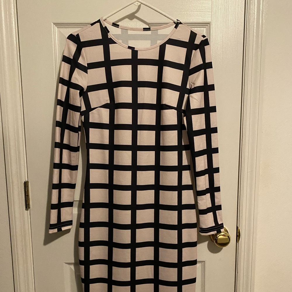 Long Sleeve Plaid Pencil Midi Dress Small